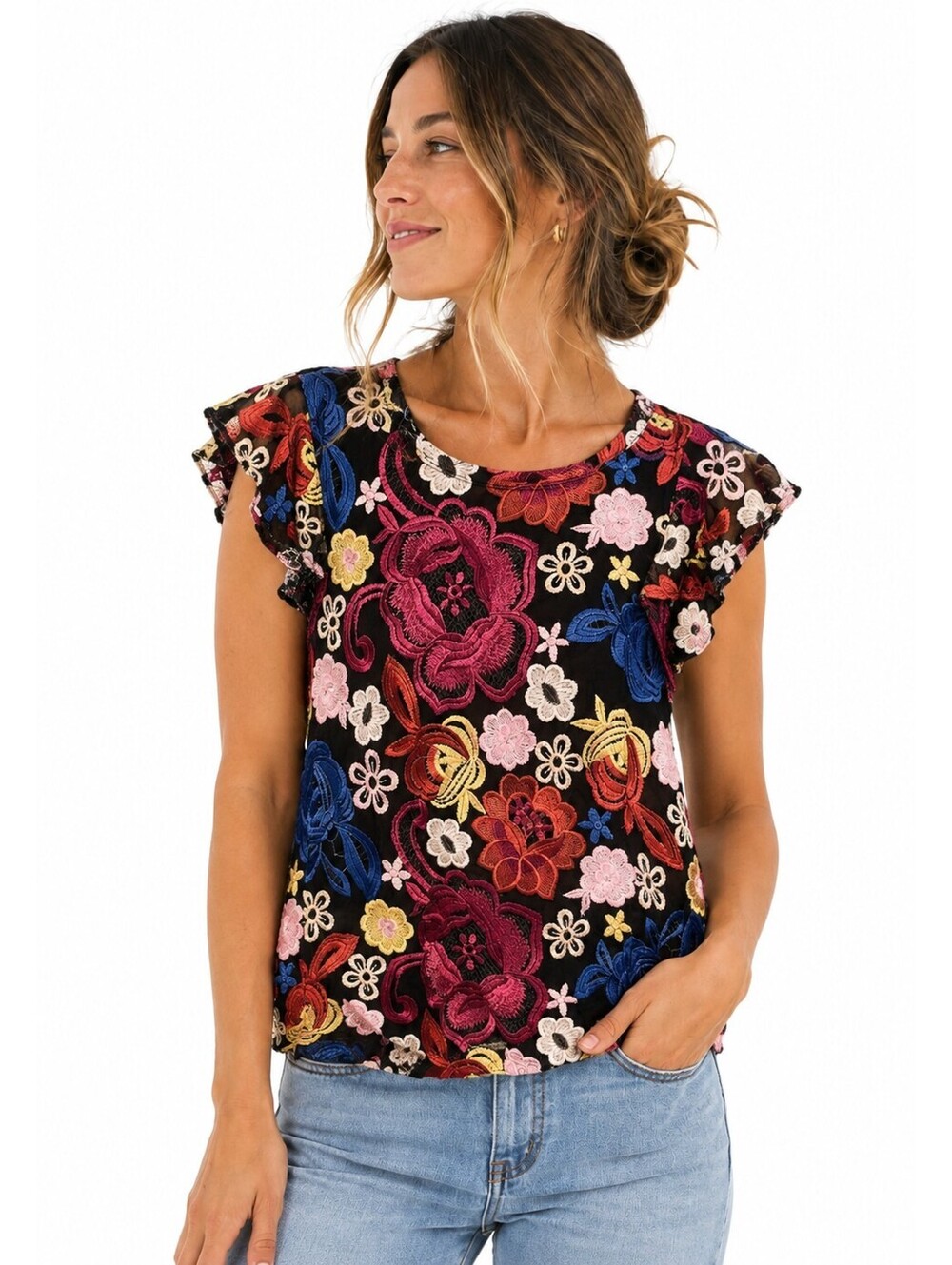 Belle Vere Whimsygoth Mesh Floral Embroidered Fairycore Boho Top Size Small